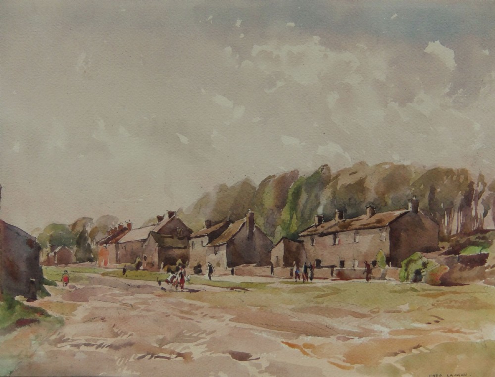 A watercolour painting depicting a quiet rural village street lined with stone cottages beneath an overcast sky, signed Fred Lawson in the lower right corner.