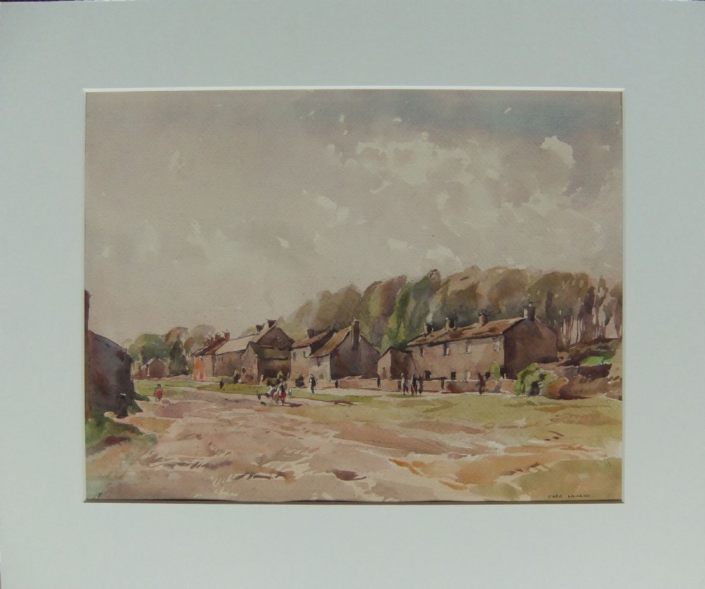 A watercolour painting depicting a quiet rural village street lined with stone cottages beneath an overcast sky, signed Fred Lawson in the lower right corner. View II