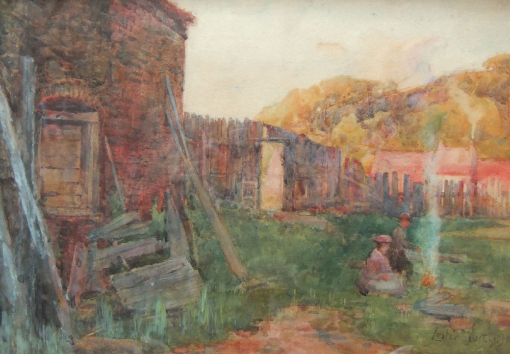 A watercolour painting depicting a rustic brick building, a wooden fence, and figures tending a small garden bonfire surrounded by green foliage.