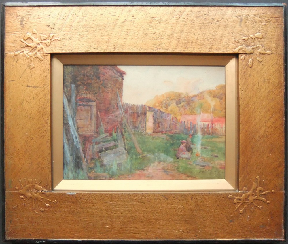 A watercolour painting depicting a rustic brick building, a wooden fence, and figures tending a small garden bonfire surrounded by green foliage. View II