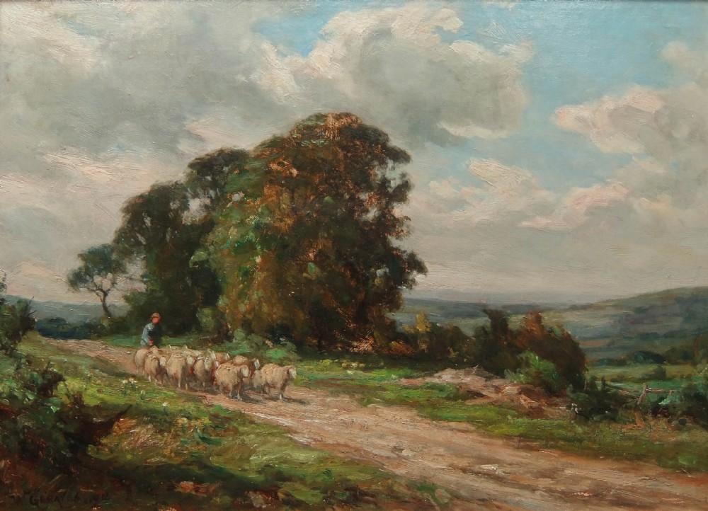 An oil painting depicting a shepherd driving a flock of sheep along a dirt path beside large trees under a cloudy sky.