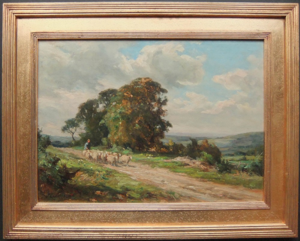 An oil painting depicting a shepherd driving a flock of sheep along a dirt path beside large trees under a cloudy sky. View II