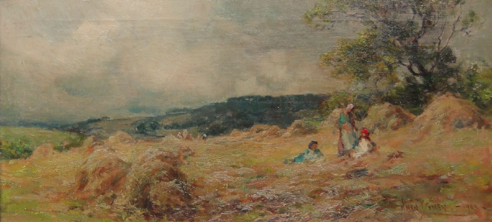 An impressionist oil painting depicting figures gathering haystacks in a rural field under an overcast sky.
