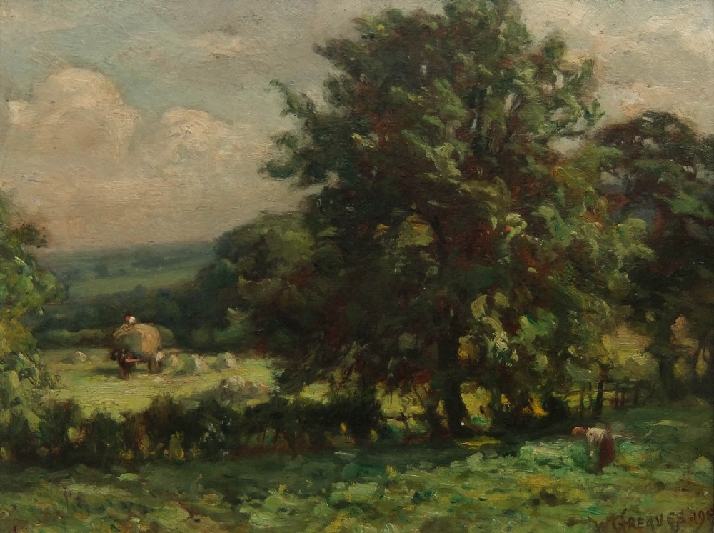 An original oil painting depicting a rural Yorkshire landscape with large mature trees, a horse cart in a distant field, and a muted cloudy sky, signed by William Greaves.