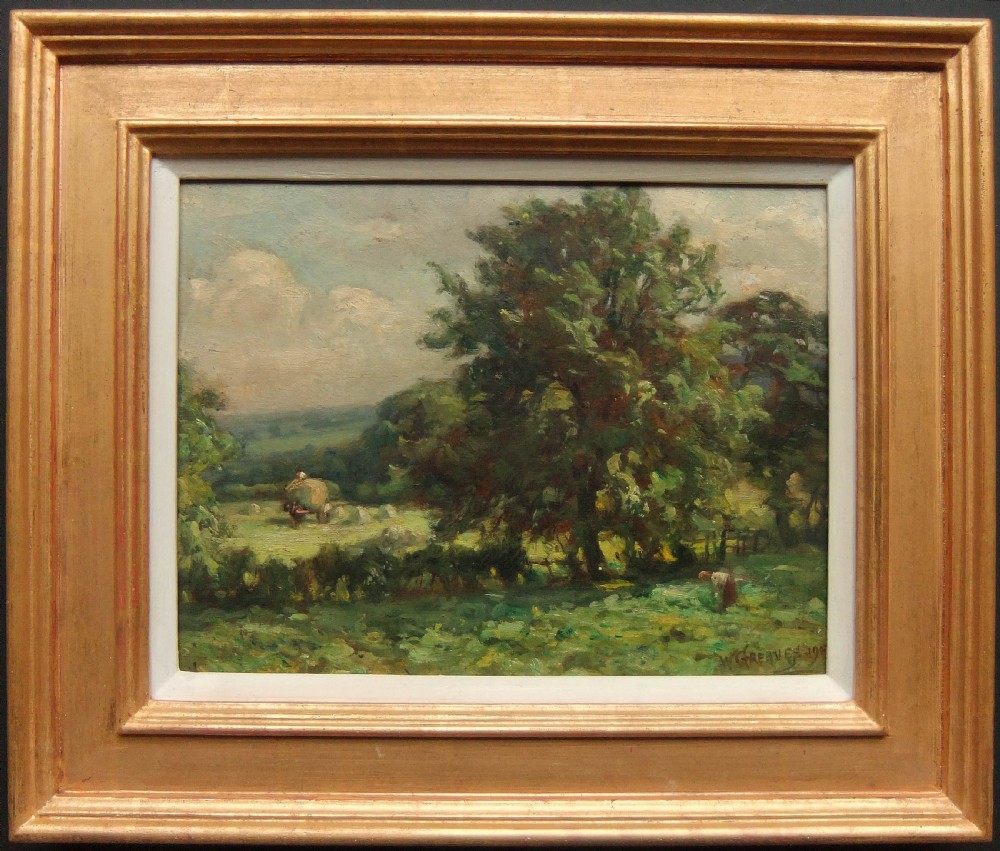An original oil painting depicting a rural Yorkshire landscape with large mature trees, a horse cart in a distant field, and a muted cloudy sky, signed by William Greaves. View II