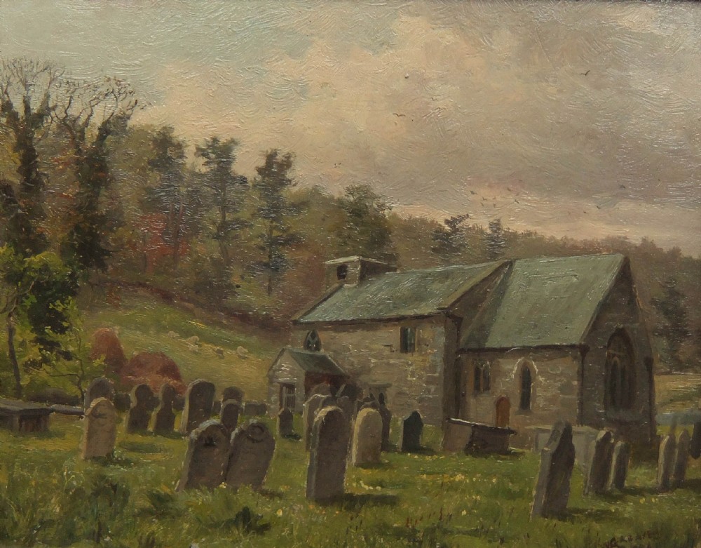 An original oil painting depicting a historic stone church surrounded by headstones in a green, wooded Yorkshire landscape.