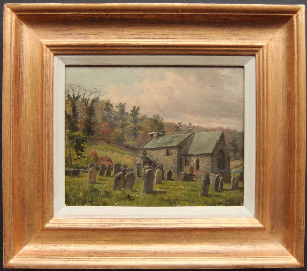 An original oil painting depicting a historic stone church surrounded by headstones in a green, wooded Yorkshire landscape. View II