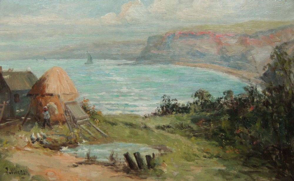 An Impressionist oil painting depicting the coastal cliffs and turquoise waters of Runswick Bay with haystacks in the foreground.