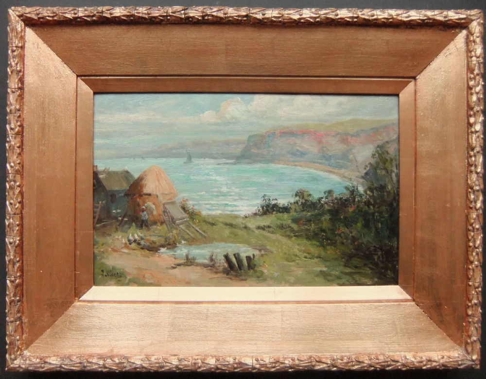 An Impressionist oil painting depicting the coastal cliffs and turquoise waters of Runswick Bay with haystacks in the foreground. View II