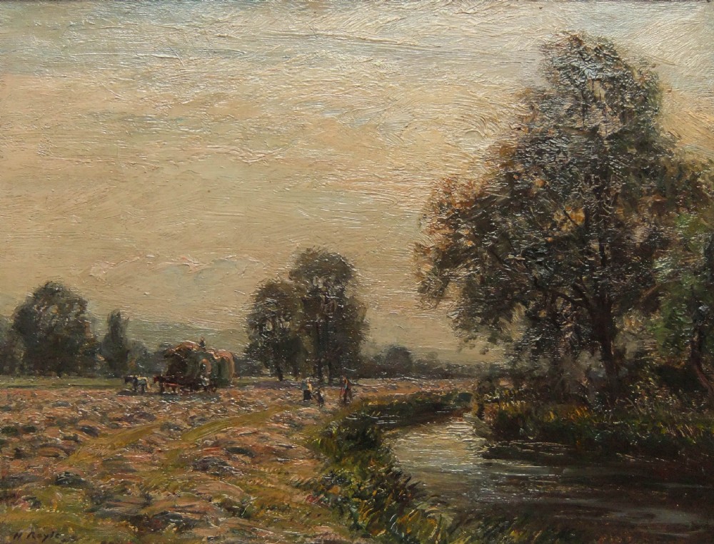 An oil painting on canvas depicting a rural Wharfedale landscape with a winding river, trees, and figures near a wagon in muted earthy tones.