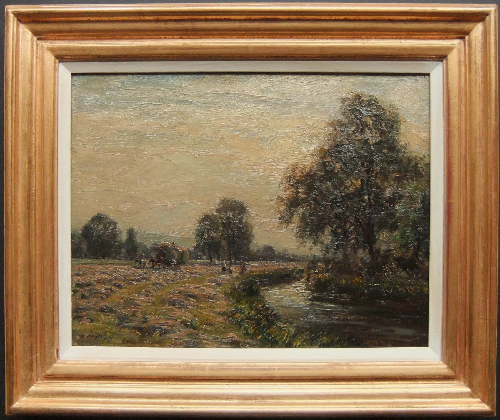An oil painting on canvas depicting a rural Wharfedale landscape with a winding river, trees, and figures near a wagon in muted earthy tones. View II