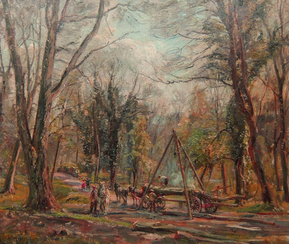 An oil painting on canvas depicting foresters and draft horses hauling felled logs through a woodland landscape in Wharfedale.