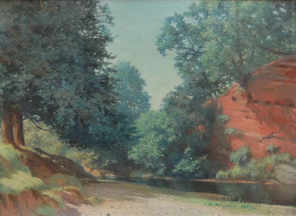 An oil painting depicting a river flowing past tall green trees and a red sandstone cliff face in Cumberland.