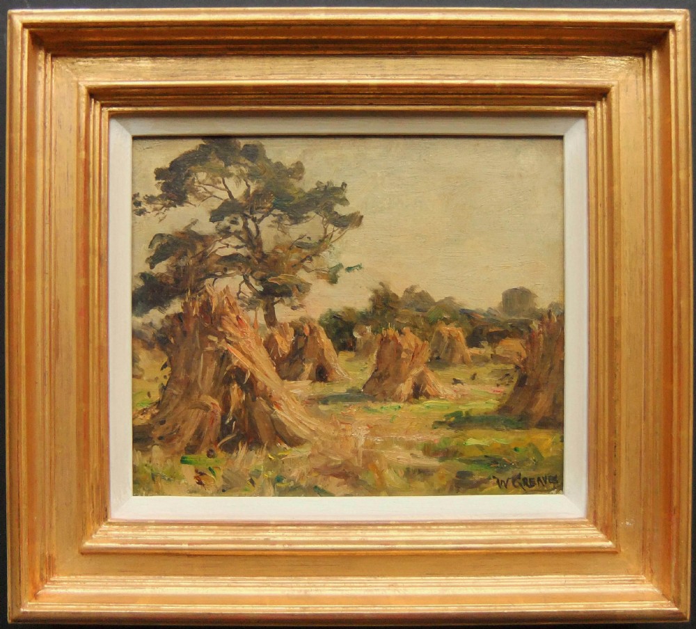 An oil painting depicting stooks of hay gathered in a rural field with trees in the background, rendered in warm earth tones and signed in the lower right corner. View II