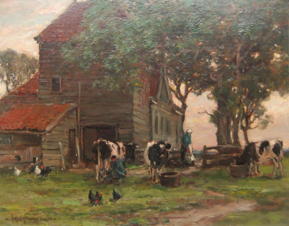 An oil painting depicting a rustic wooden barn with cows being milked in a yard and chickens roaming under mature trees.