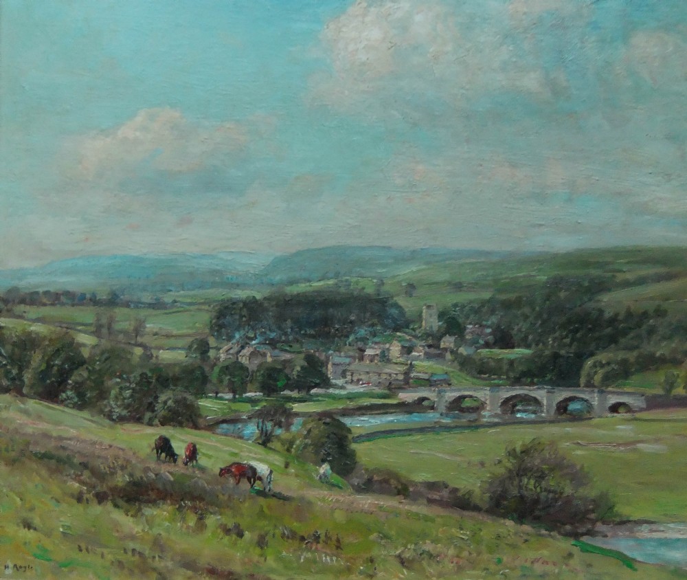 An impressionist oil painting depicting the village of Burnsall in Yorkshire with cattle grazing in green fields, a stone arched bridge over a river, and rolling hills beneath a cloudy sky.