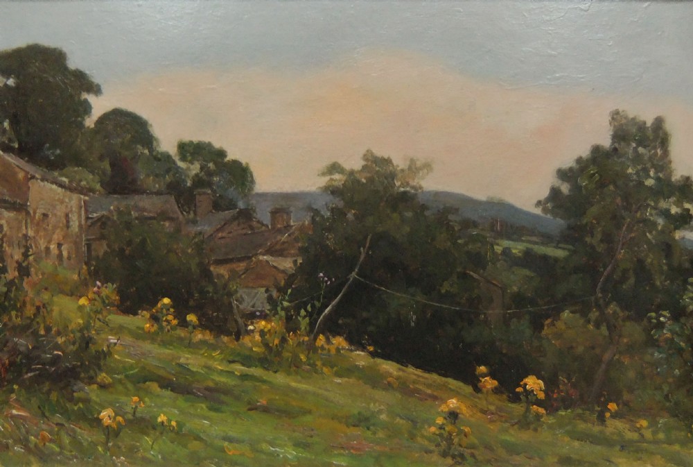 An impressionist landscape oil painting depicting yellow wildflowers on a grassy hillside overlooking stone cottages and distant hills under an overcast sky.