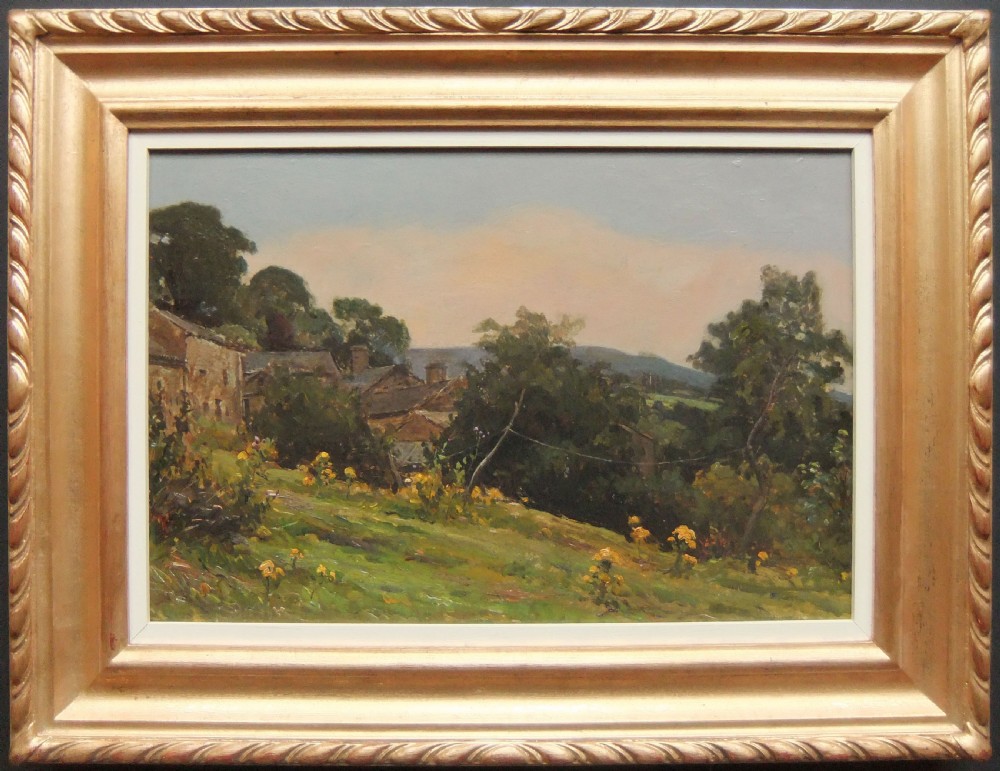 An impressionist landscape oil painting depicting yellow wildflowers on a grassy hillside overlooking stone cottages and distant hills under an overcast sky. View II