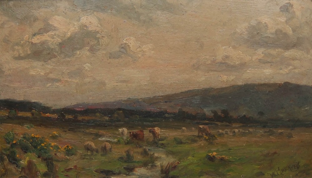 An oil painting depicting cattle and sheep grazing in a green and brown field under an overcast sky with hills in the background.
