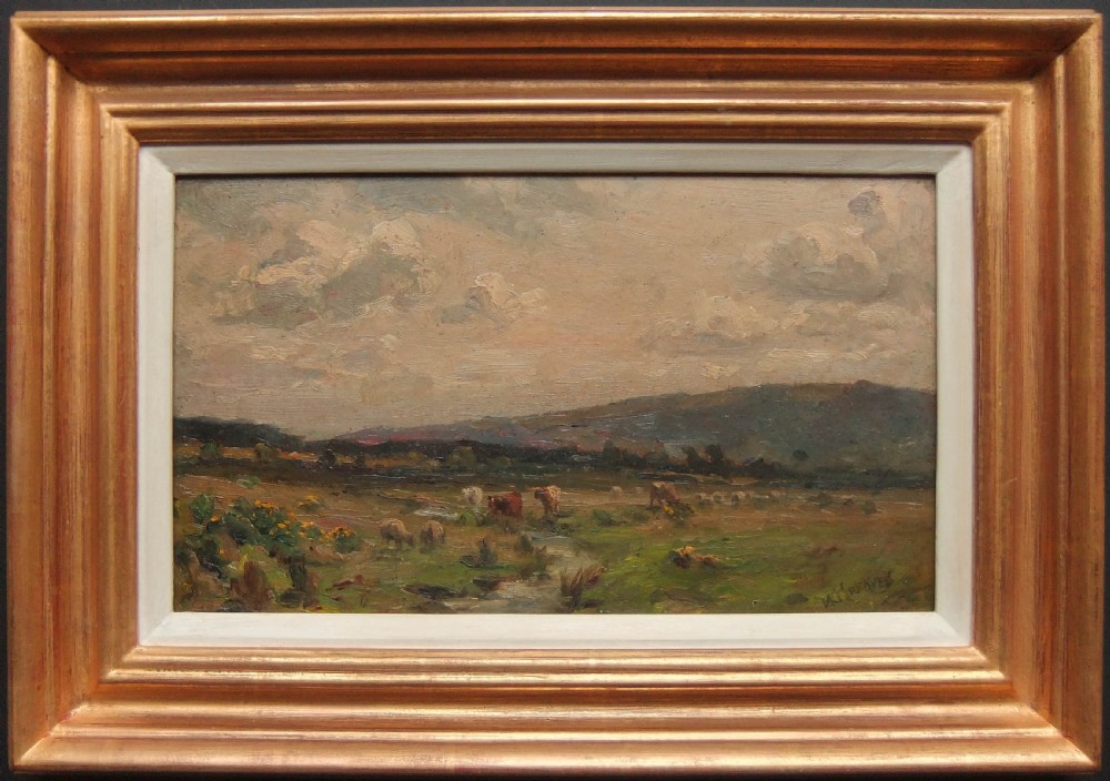 An oil painting depicting cattle and sheep grazing in a green and brown field under an overcast sky with hills in the background. View II