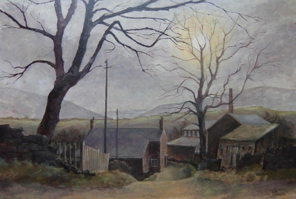 An oil painting depicting a muted winter landscape in Stalybridge with bare trees, stone buildings, and rolling hills under an overcast sky.