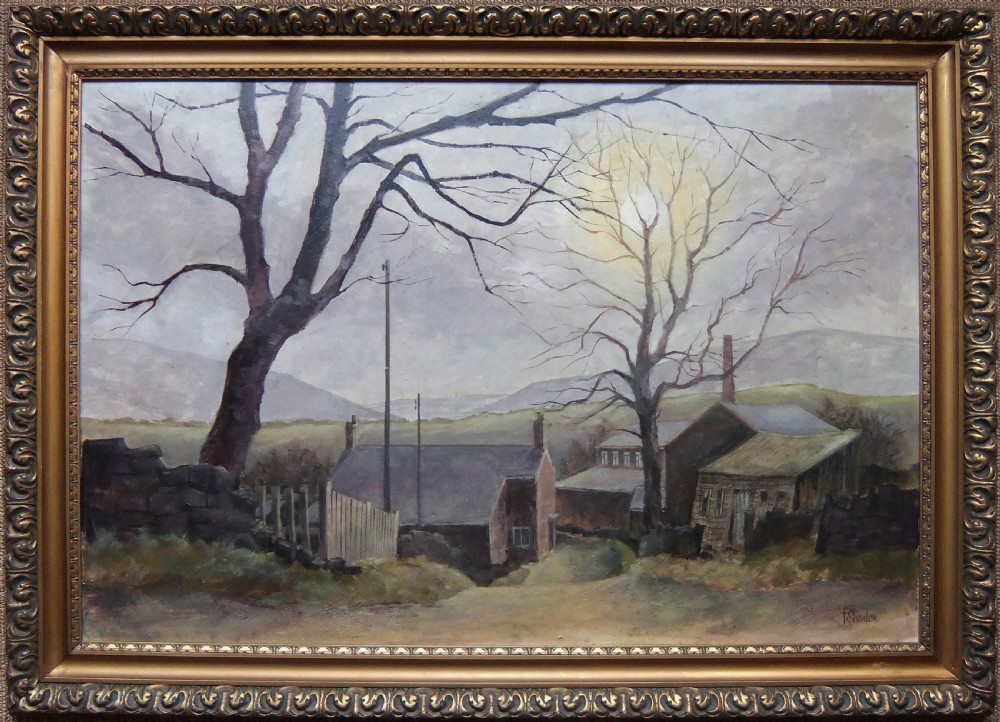 An oil painting depicting a muted winter landscape in Stalybridge with bare trees, stone buildings, and rolling hills under an overcast sky. View II