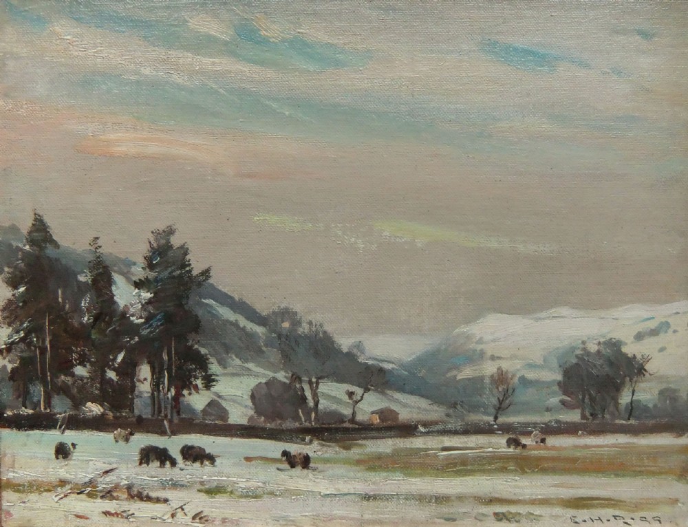 An impressionistic oil painting depicting a snow-covered Swaledale valley landscape with grazing livestock, pine trees, and a muted winter sky.