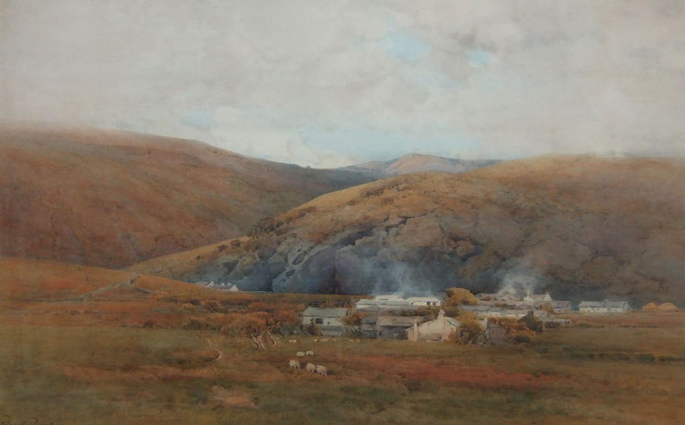A large 19th-century watercolour painting depicting the village of Braithwaite in Cumberland surrounded by rolling fell hills and grazing sheep under an overcast sky.