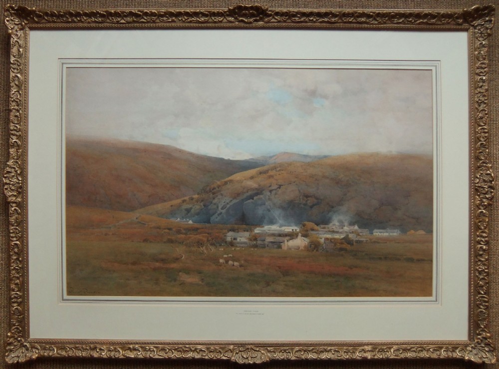 A large 19th-century watercolour painting depicting the village of Braithwaite in Cumberland surrounded by rolling fell hills and grazing sheep under an overcast sky. View II