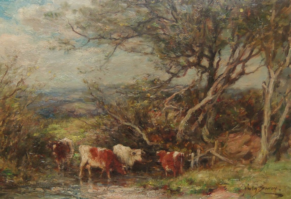 An impressionist oil painting showing four cattle drinking from a pool beneath mature trees under a cloudy sky.
