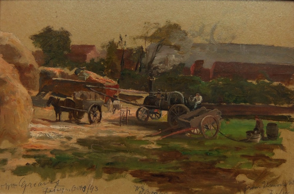 An impressionistic 1893 oil painting featuring an agricultural scene with a steam threshing engine, horses, cart, and haystacks in earthy brown tones.