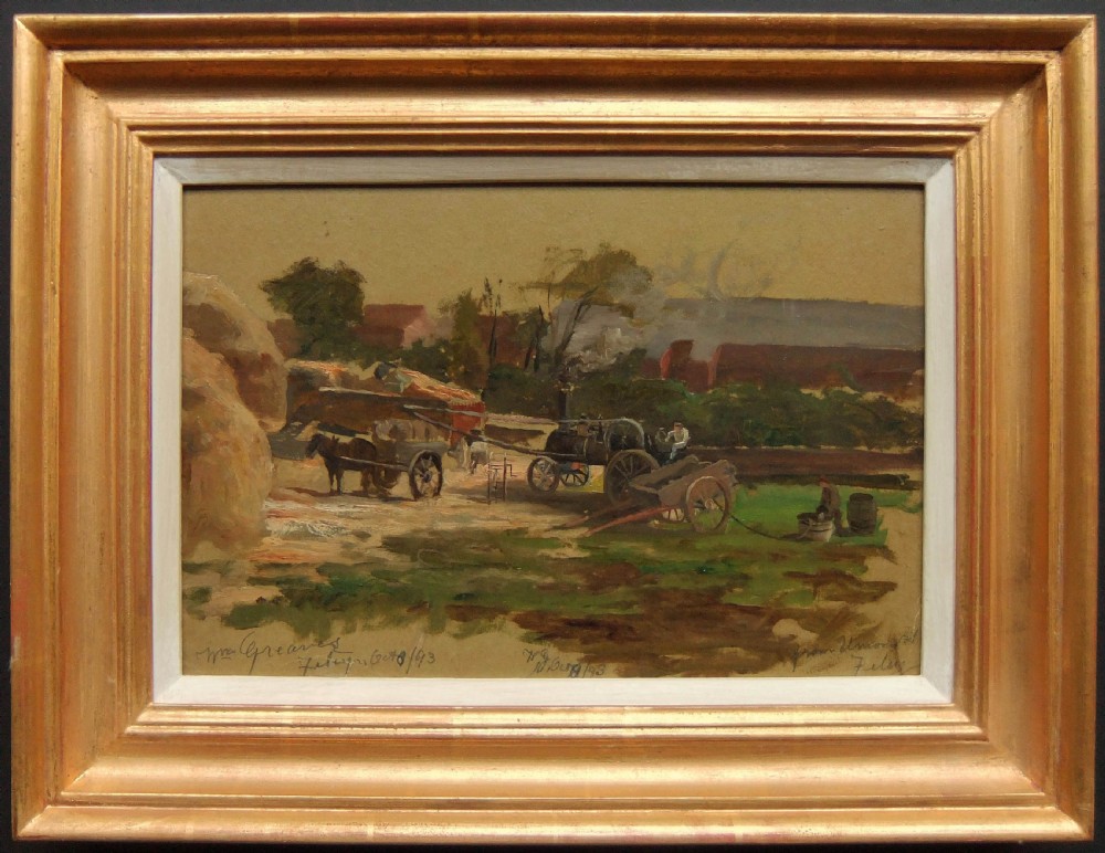 An impressionistic 1893 oil painting featuring an agricultural scene with a steam threshing engine, horses, cart, and haystacks in earthy brown tones. View II