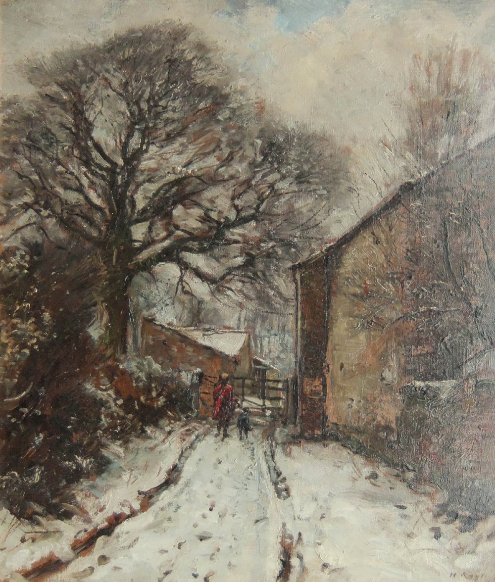 An original winter oil painting on canvas depicting a snow-covered lane in Nesfield, Yorkshire, with stone buildings and figures walking beneath bare trees.