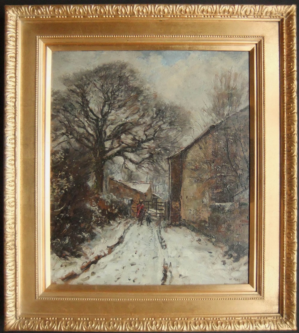 An original winter oil painting on canvas depicting a snow-covered lane in Nesfield, Yorkshire, with stone buildings and figures walking beneath bare trees. View II