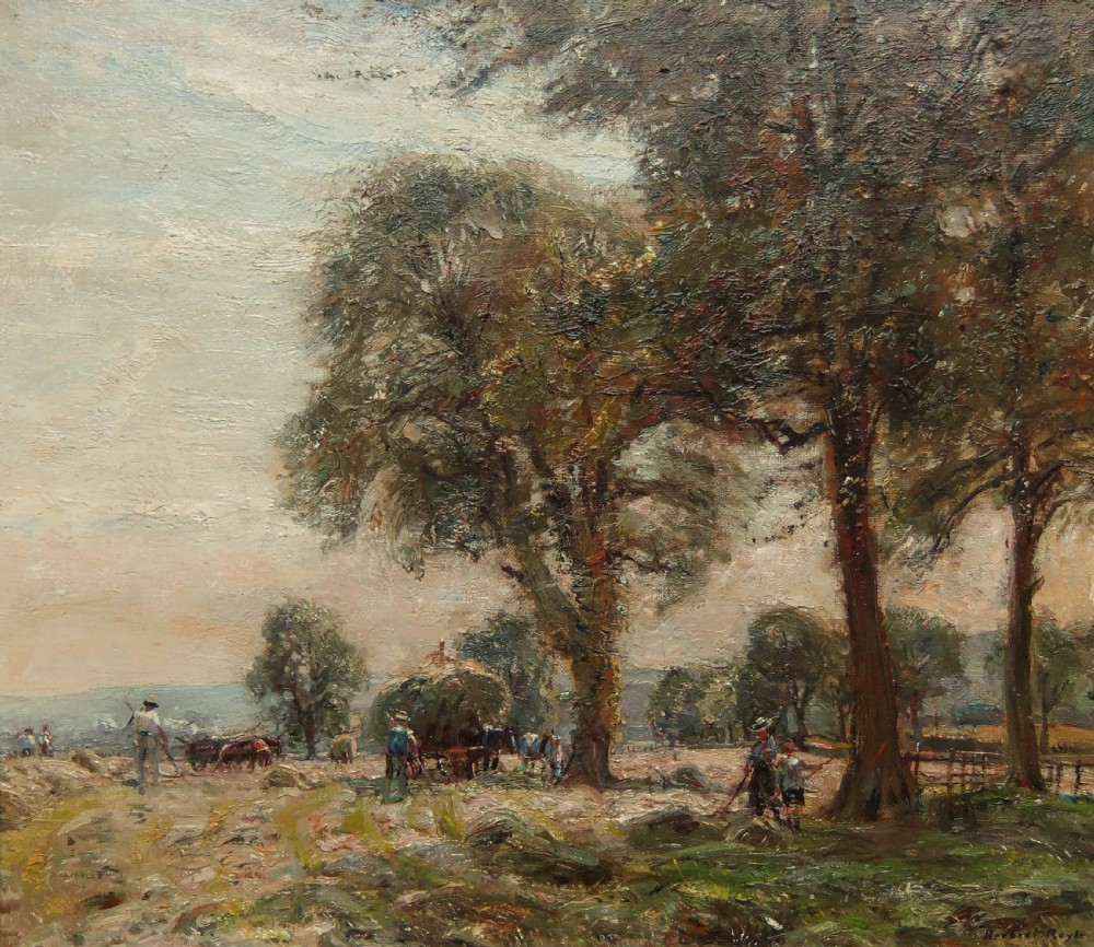 An impressionist oil painting depicting farm workers gathering hay under mature trees in an expansive rural landscape.