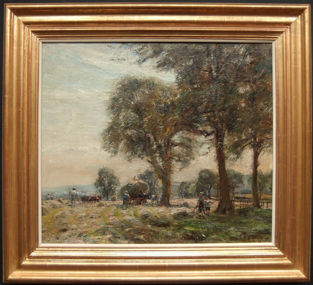 An impressionist oil painting depicting farm workers gathering hay under mature trees in an expansive rural landscape. View II