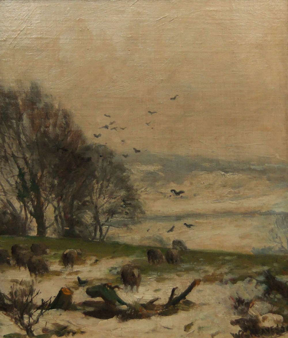 An antique oil painting depicting a misty Yorkshire countryside landscape with a flock of sheep, bare trees, and birds flying across a muted grey sky.