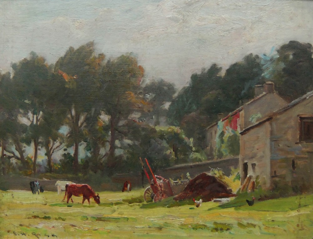 An oil painting depicting a rustic stone barn, grazing cattle, and chickens in a green field under a cloudy sky.