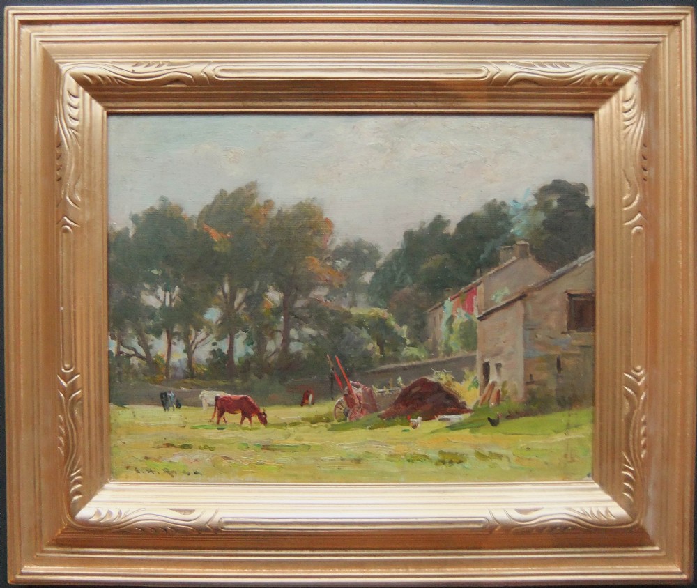 An oil painting depicting a rustic stone barn, grazing cattle, and chickens in a green field under a cloudy sky. View II