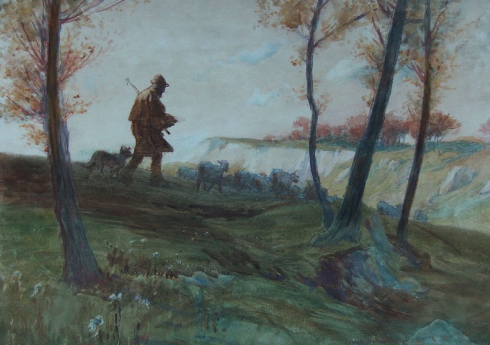 A watercolour painting depicting a shepherd walking with his dog and flock of sheep along a grassy hill beside slender trees.