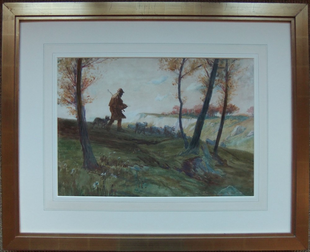 A watercolour painting depicting a shepherd walking with his dog and flock of sheep along a grassy hill beside slender trees. View II