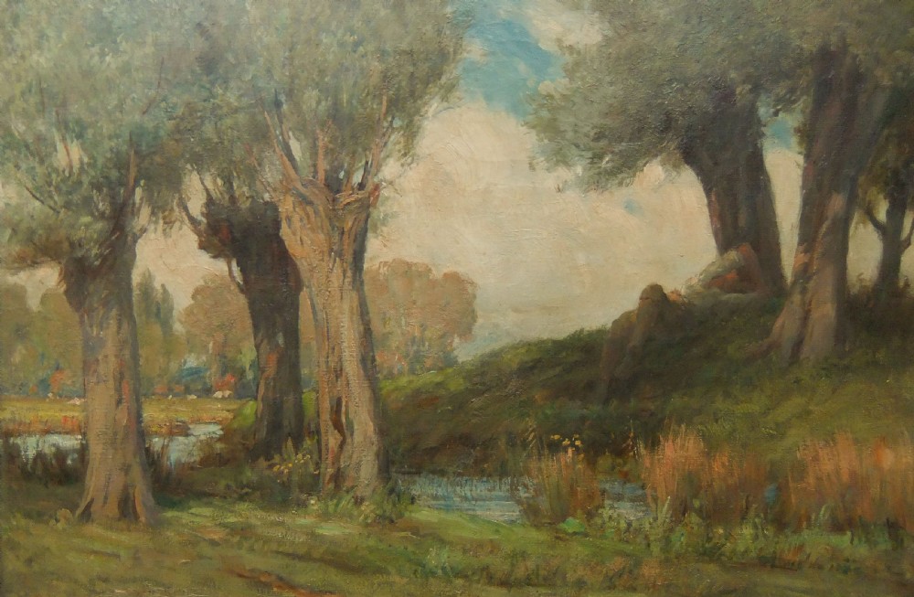 An impressionist oil painting depicting mature pollarded trees alongside a quiet stream under a soft cloudy sky.