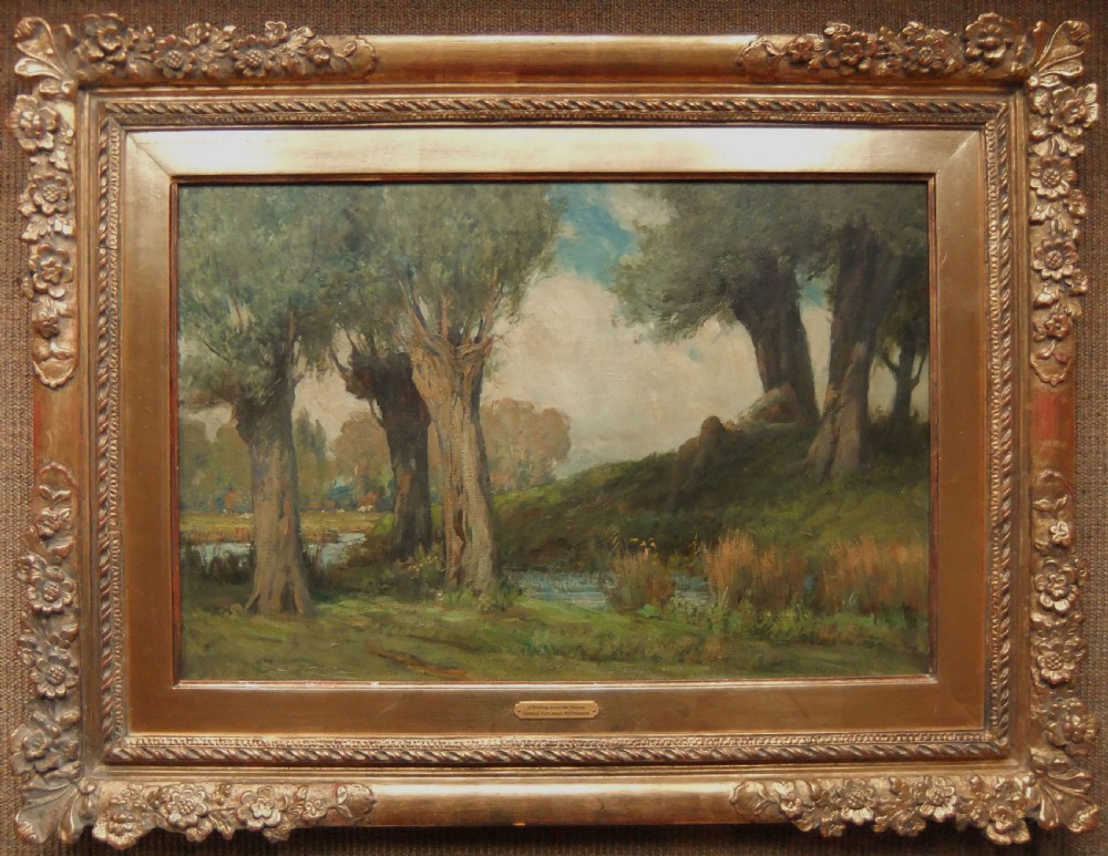 An impressionist oil painting depicting mature pollarded trees alongside a quiet stream under a soft cloudy sky. View II