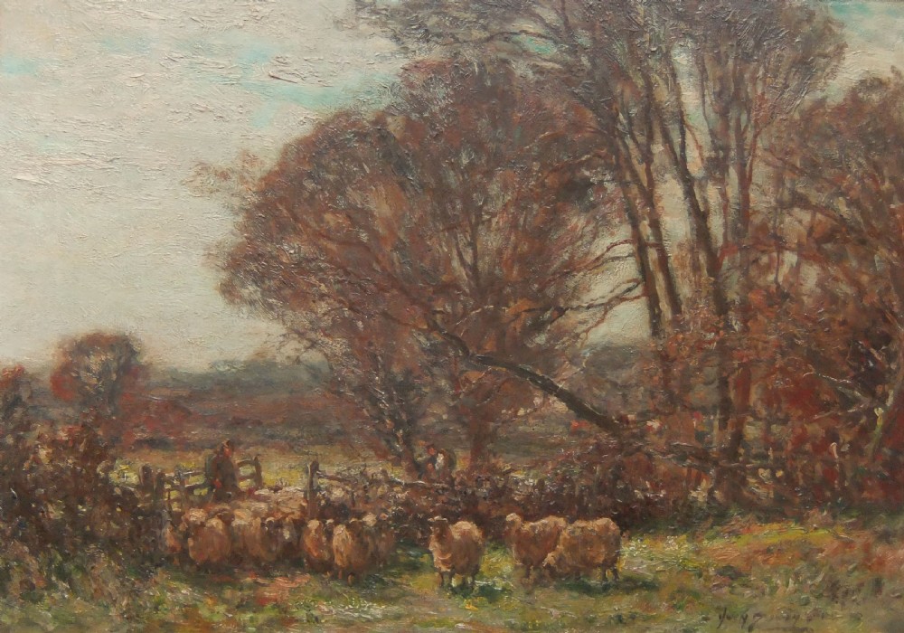 An impressionistic oil painting depicting a countryside pastoral landscape with bare trees and a flock of sheep near a wooden fence.