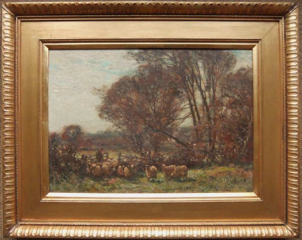 An impressionistic oil painting depicting a countryside pastoral landscape with bare trees and a flock of sheep near a wooden fence. View II