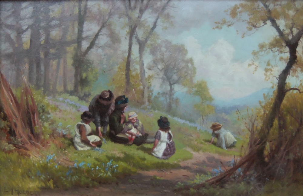 An oil painting depicting figures and children gathering bluebells on a wooded, grassy hillside under an overcast sky.