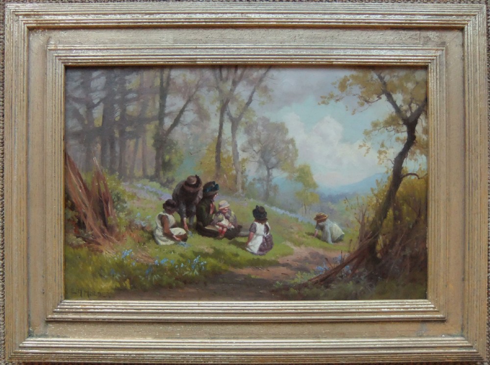 An oil painting depicting figures and children gathering bluebells on a wooded, grassy hillside under an overcast sky. View II