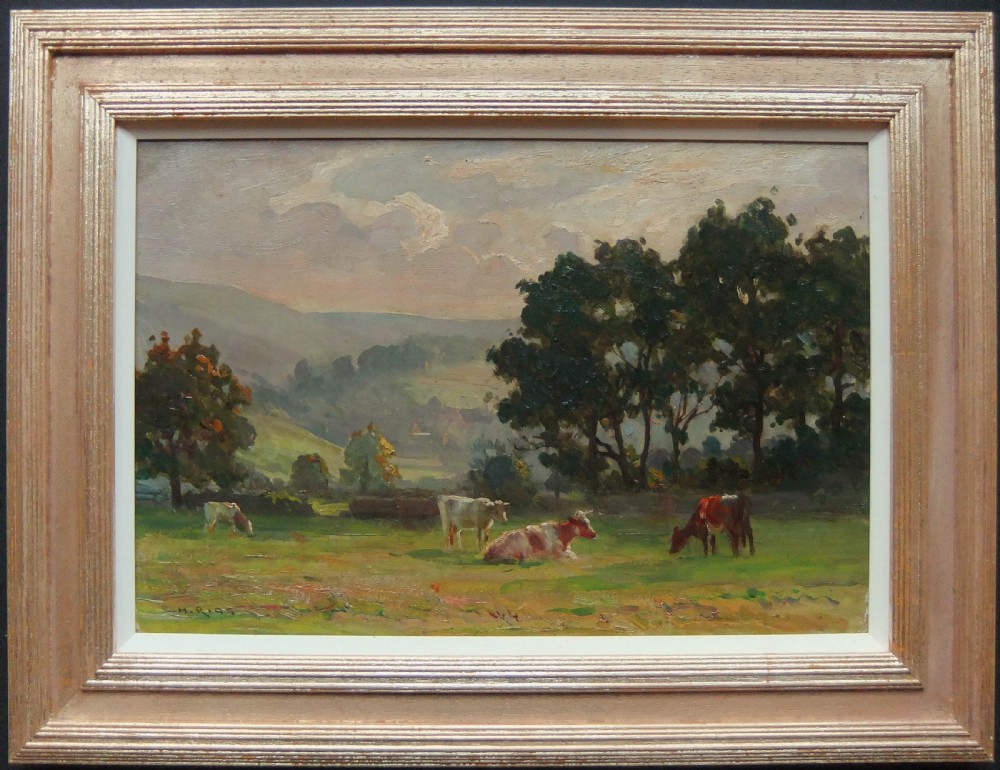 An oil painting depicting cattle grazing in a green Swaledale landscape framed in a stepped metallic wood frame.