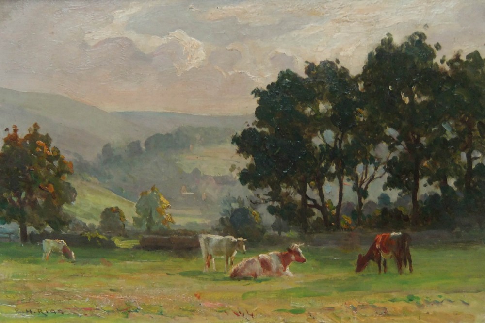 An oil painting depicting cattle grazing in a green Swaledale landscape framed in a stepped metallic wood frame. View II