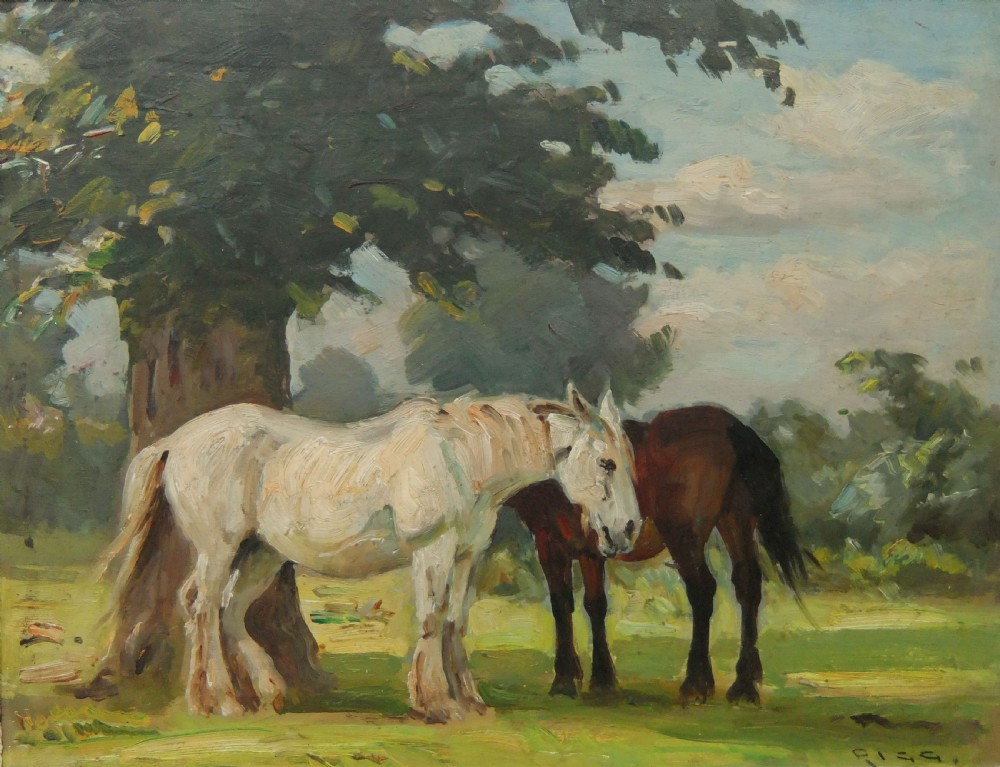 An impressionist oil painting showing two heavy horses standing together under the shade of a leafy tree in a green field.